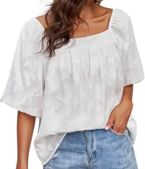 Women Puffy 3/4 Sleeve Blouse Summer Square Neck Tops for Women White Floral Babydoll Shirts