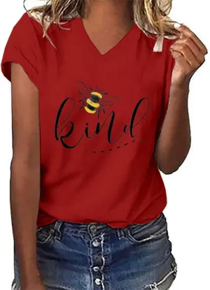 Womens Be Kind Graphic Tees V Neck Cute Printed Summer Casual T Shirts Tops