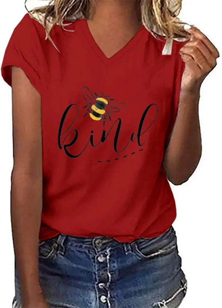 Womens Be Kind Graphic Tees V Neck Cute Printed Summer Casual T Shirts Tops
