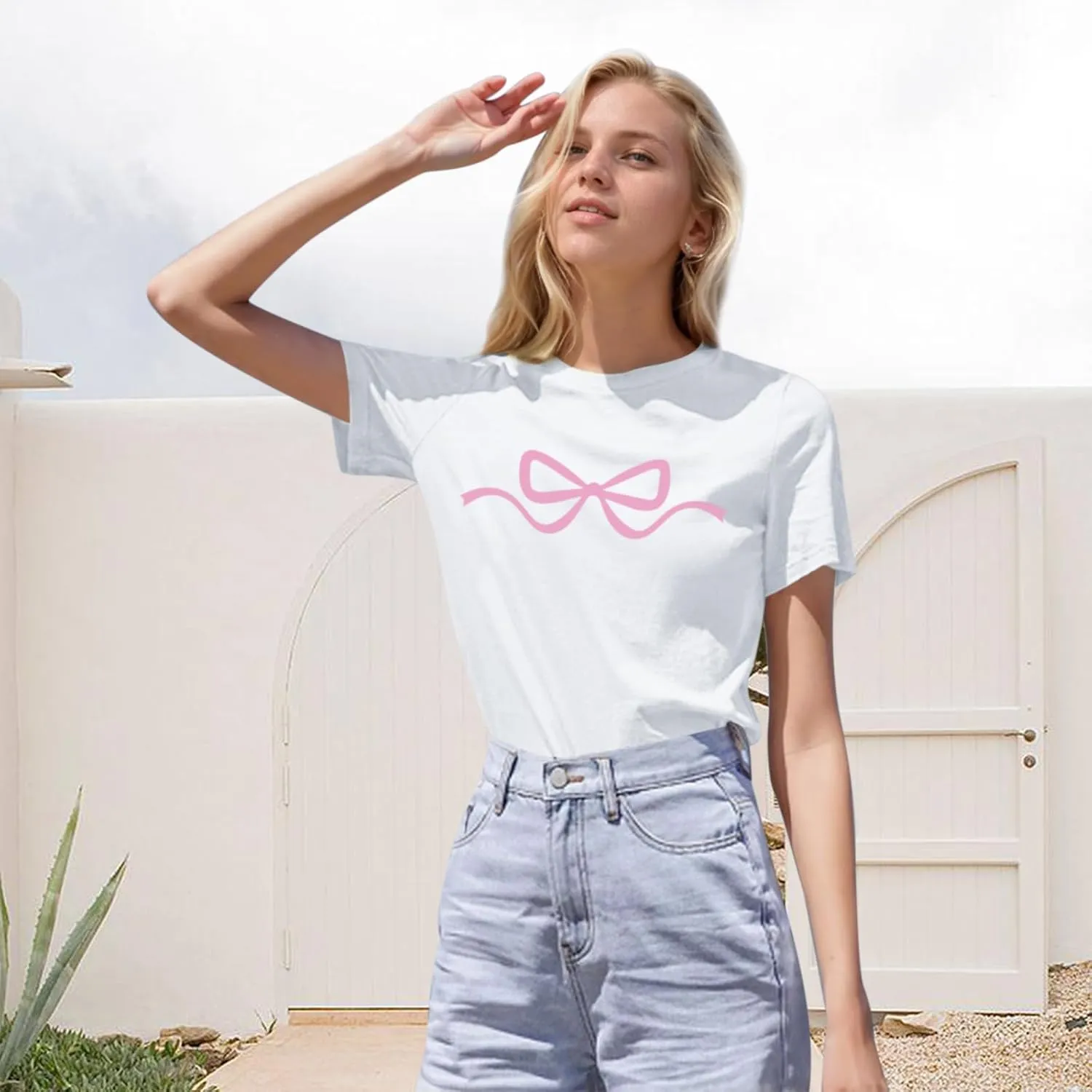 Womens Bow Coquette Shirt Clean Girl Aesthetic Graphic Tees Cute Pink Bow Shirts for Teens Trendy Oversized Tops