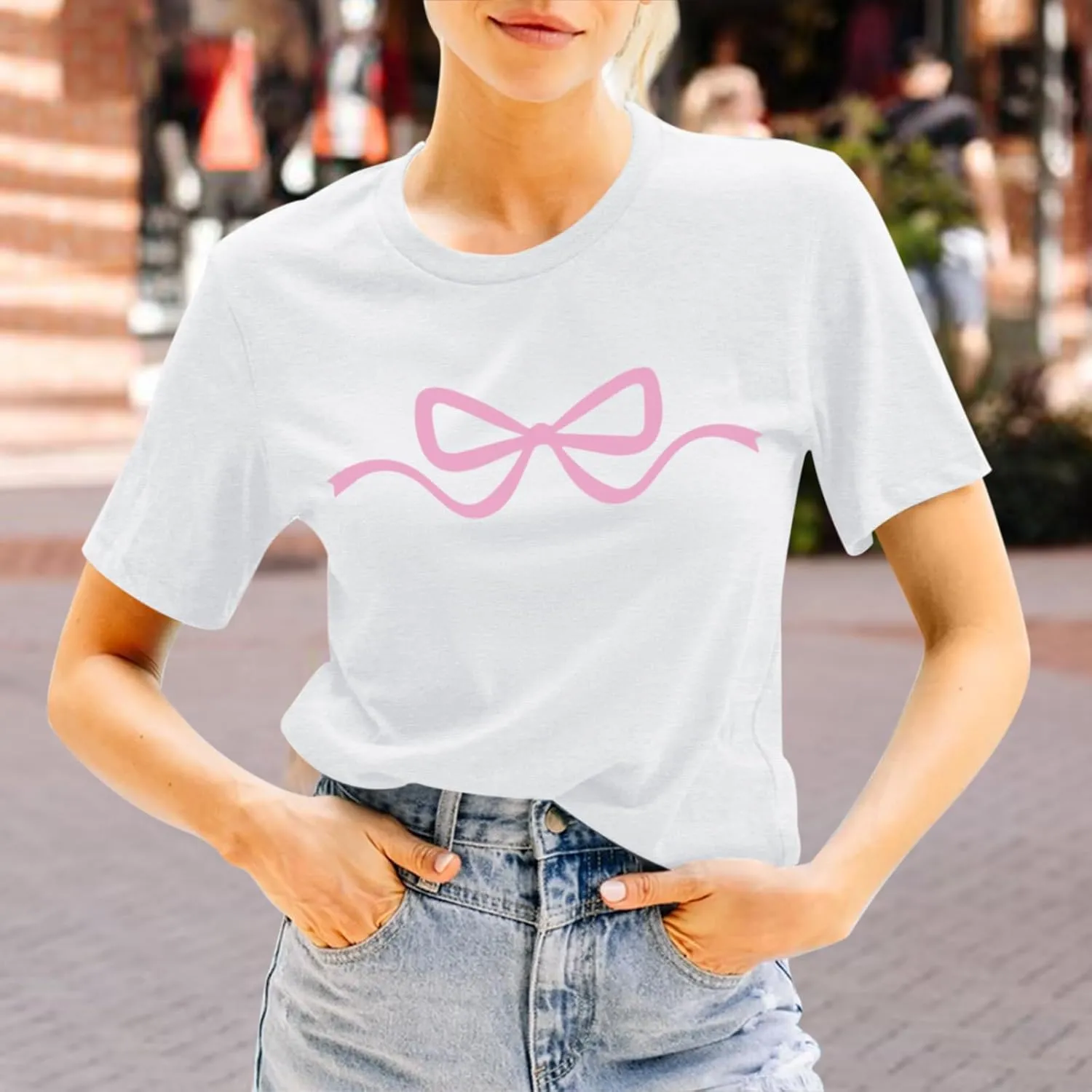 Womens Bow Coquette Shirt Clean Girl Aesthetic Graphic Tees Cute Pink Bow Shirts for Teens Trendy Oversized Tops