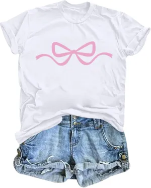 Womens Bow Coquette Shirt Clean Girl Aesthetic Graphic Tees Cute Pink Bow Shirts for Teens Trendy Oversized Tops