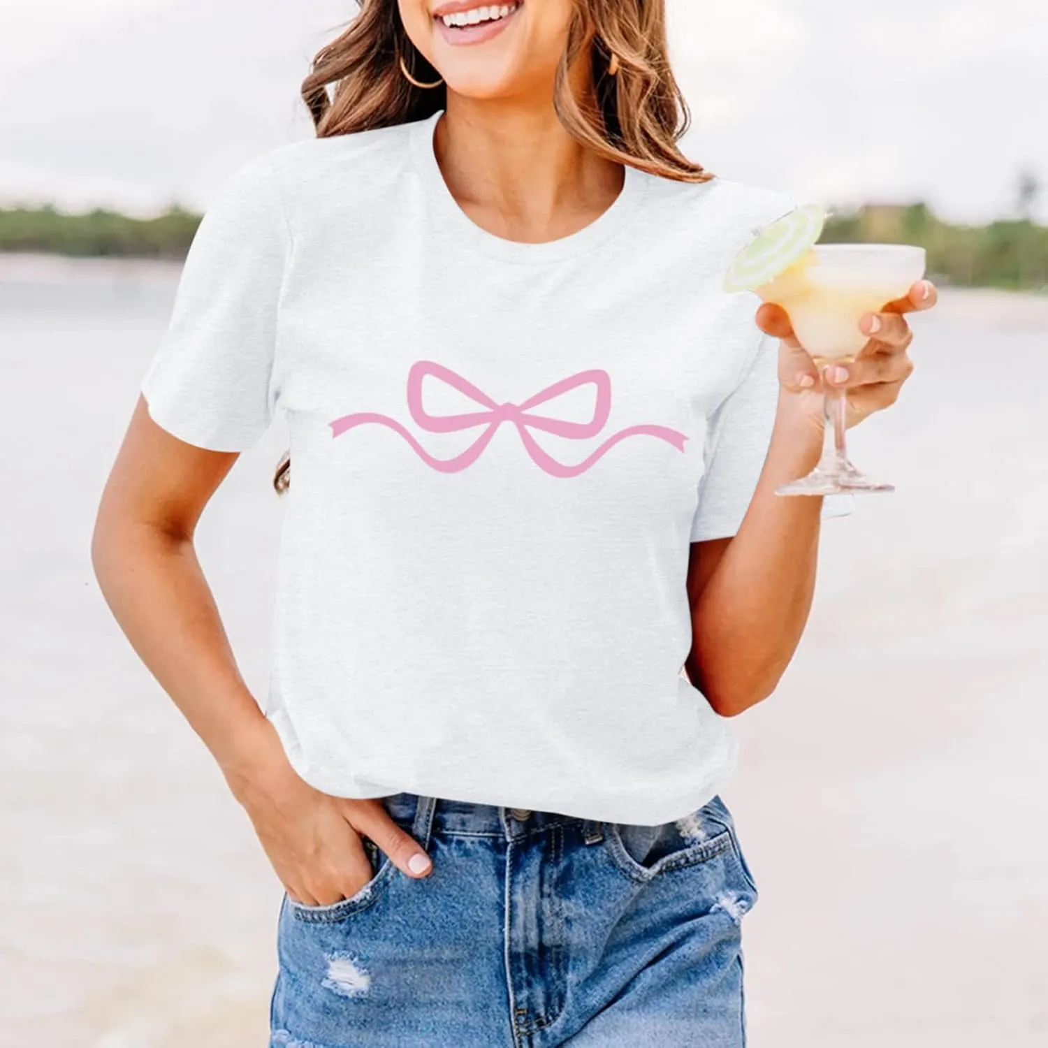 Womens Bow Coquette Shirt Clean Girl Aesthetic Graphic Tees Cute Pink Bow Shirts for Teens Trendy Oversized Tops