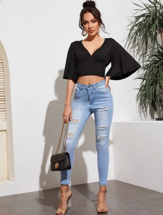 Women's Deep V Neck Crop Tops 3/4 Bell Sleeve Sexy Solid Tee Shirts