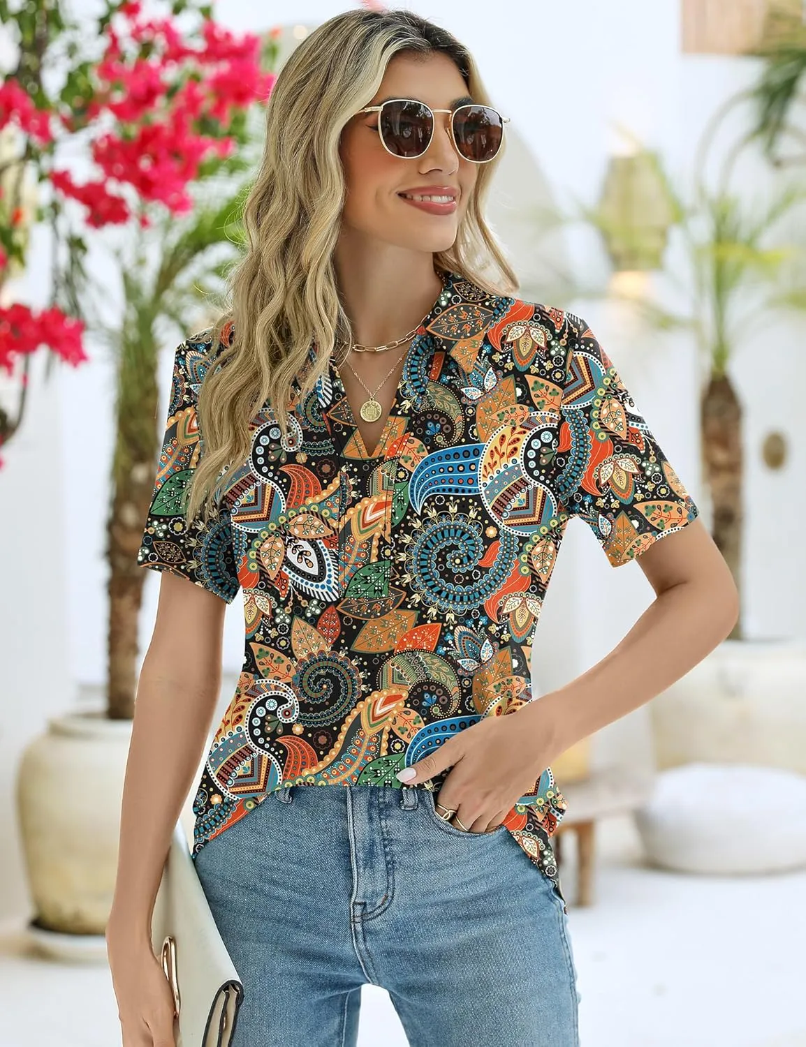 ZHENWEI Women's Short Sleeve V-Neck Polo Shirts Business Casual Work Collared Tops Dressy Johnny Collar Cute Blouses