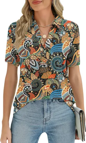 ZHENWEI Women's Short Sleeve V-Neck Polo Shirts Business Casual Work Collared Tops Dressy Johnny Collar Cute Blouses