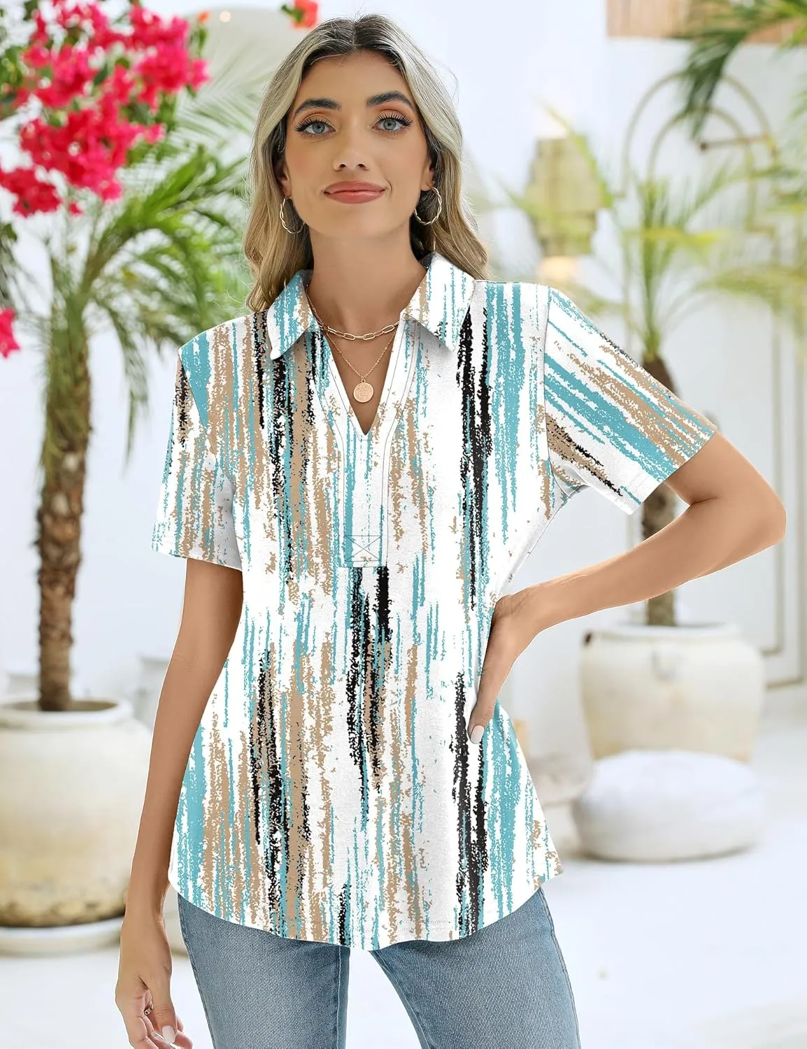 ZHENWEI Women's Short Sleeve V-Neck Polo Shirts Business Casual Work Collared Tops Dressy Johnny Collar Cute Blouses