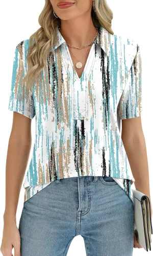 ZHENWEI Women's Short Sleeve V-Neck Polo Shirts Business Casual Work Collared Tops Dressy Johnny Collar Cute Blouses