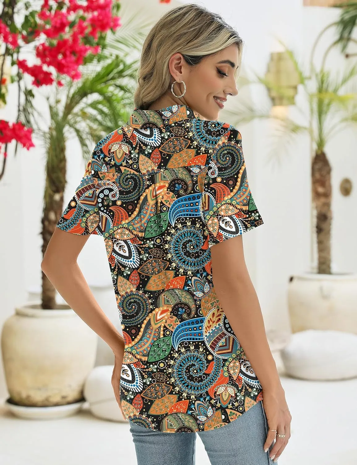 ZHENWEI Women's Short Sleeve V-Neck Polo Shirts Business Casual Work Collared Tops Dressy Johnny Collar Cute Blouses