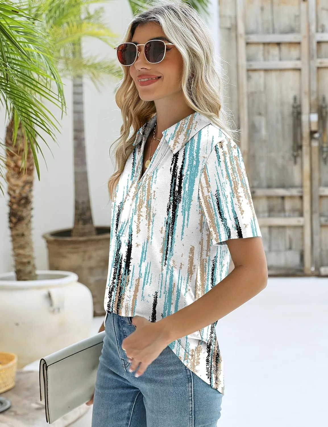 ZHENWEI Women's Short Sleeve V-Neck Polo Shirts Business Casual Work Collared Tops Dressy Johnny Collar Cute Blouses